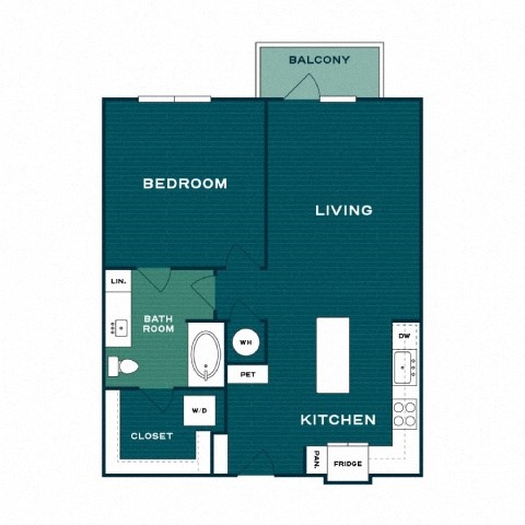 Floor plan for 1 bed, 1 bath, 840 sqft